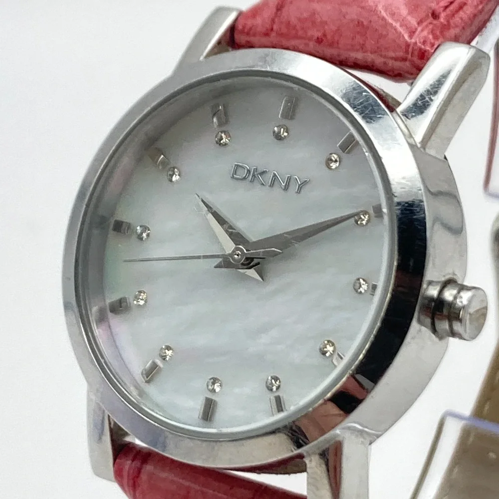 DKNY Women's Watch Silver Tone 28mm MOP Dial Pink Leather New Battery 8.25